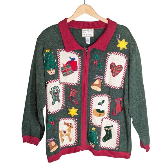 Vintage Holiday Zip Up Sweater Plus Sz 2X Christmas Heirloom Collectibles Granny - Picture 1 of 14